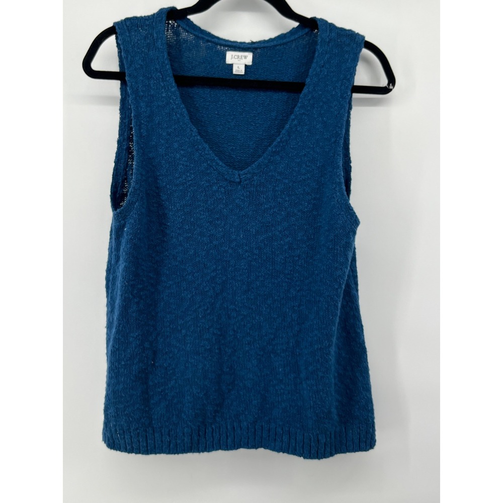 J.Crew‎ Womens Textured Boucle Cotton Blend V-Neck Sweater Vest Teal Blue Large